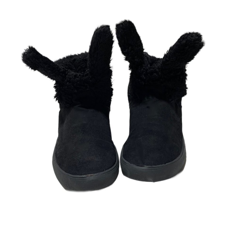BRASH Girls Faux Fur Bunny Ear Flat Ankle Booties Black
